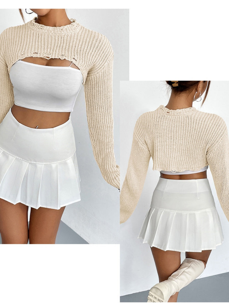 Liber Autumn women's knitted ripped short pullover mesh see-through top