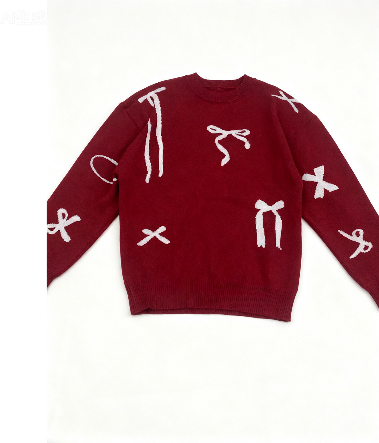 Christmas Bow Jacquard Sweet Red Round Neck Inner Top Long-sleeved Sweater
