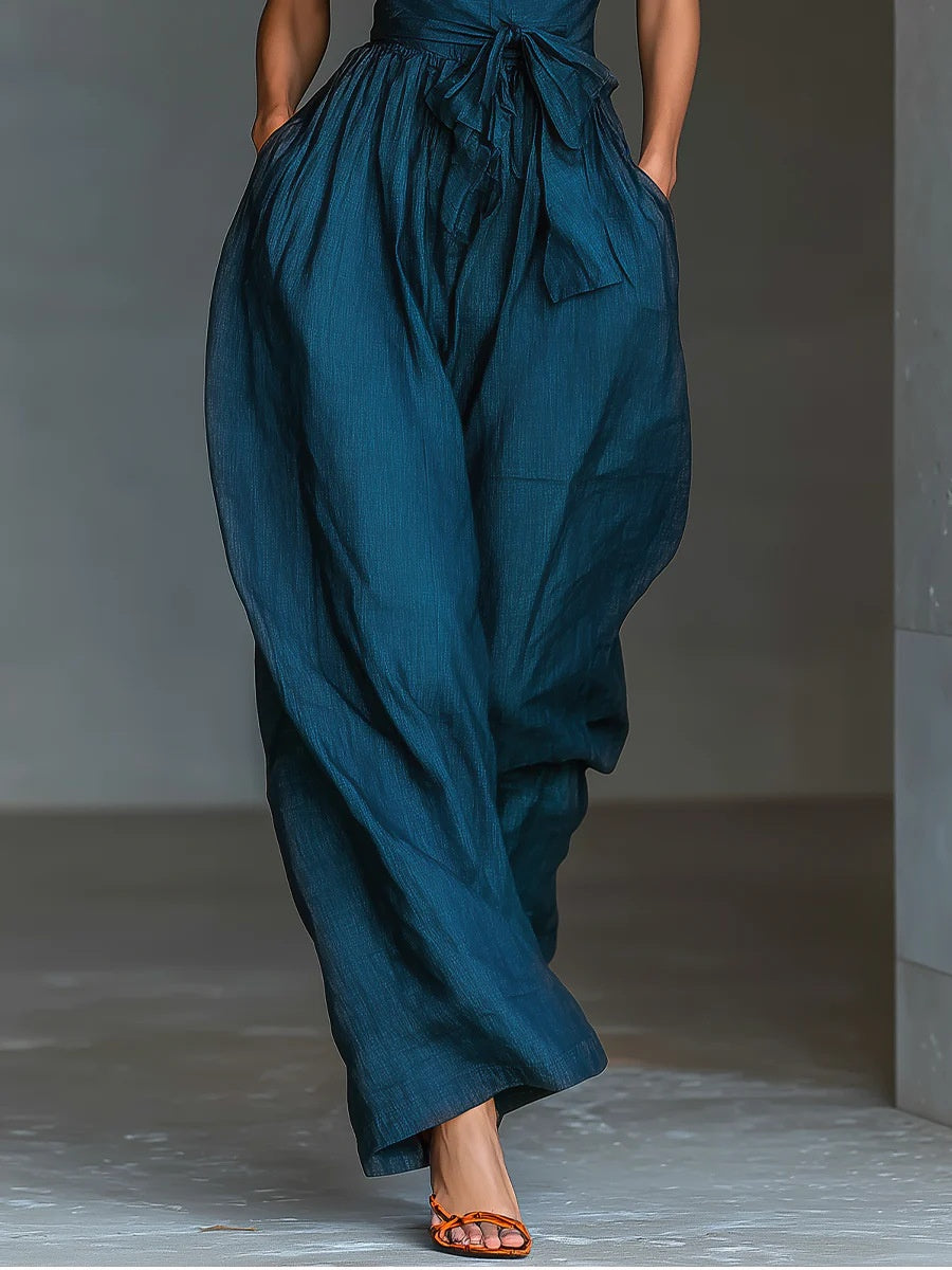 Lace-up Linen Cross-strap Wide-leg Jumpsuit