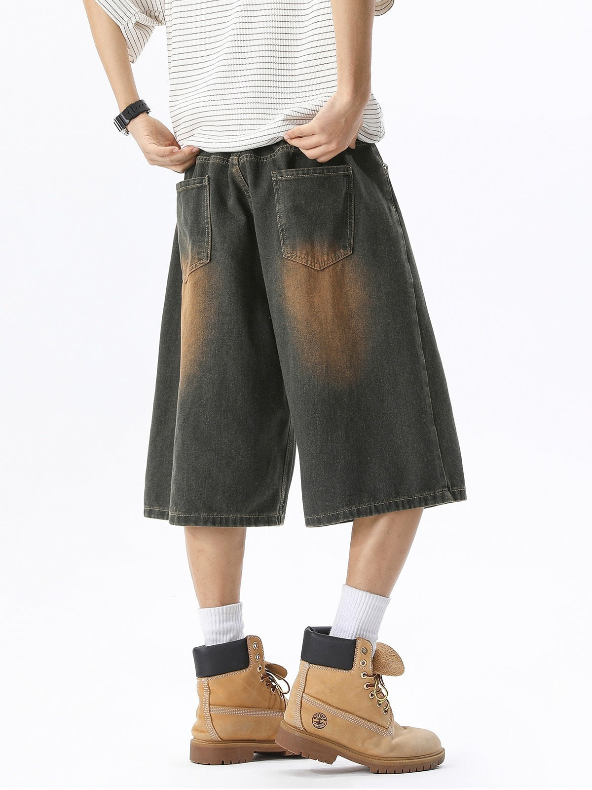 Distressed Washed Gathering 7 Points Denim Shorts