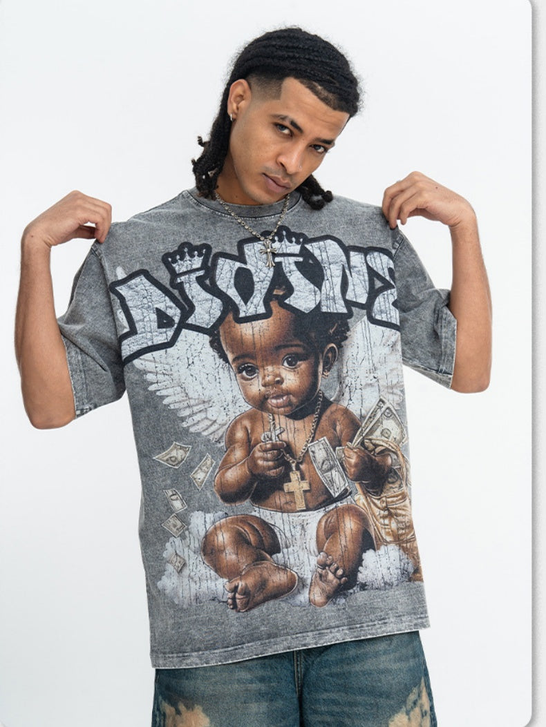 Washing Water Retro Angel Child Printed Loose-fit T-shirts