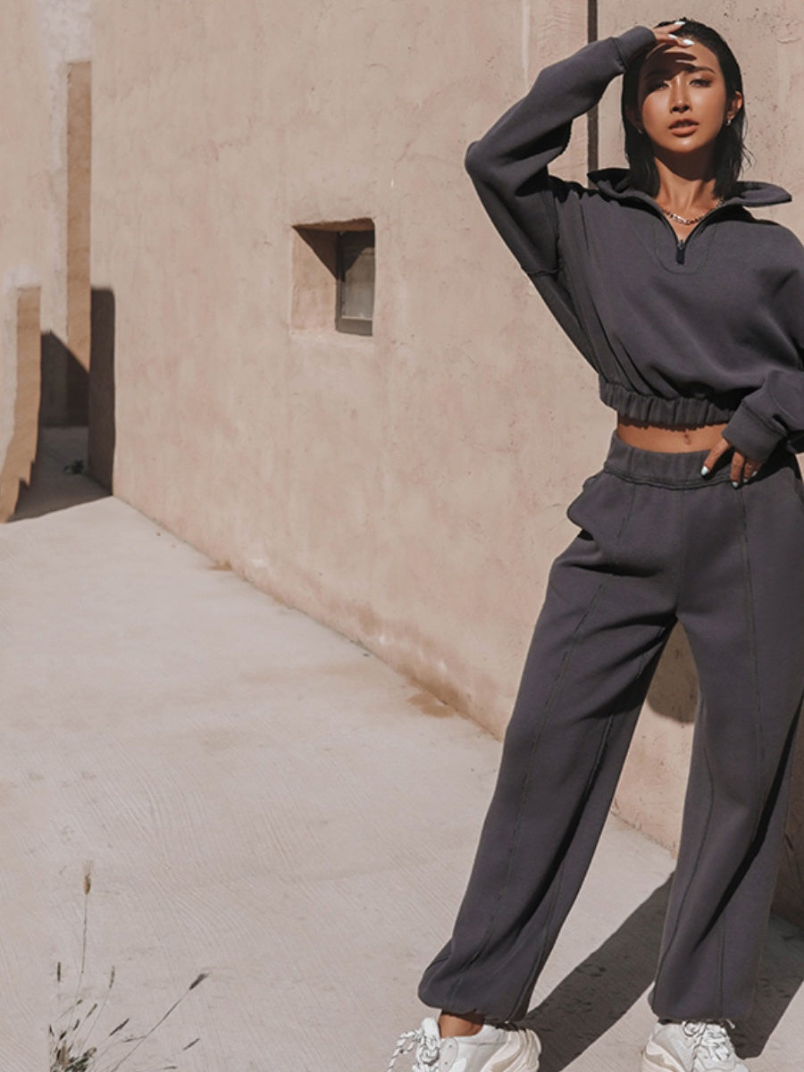 Liber Autumn women's solid color zipper pullover Long sleeve two piece sweatshirt