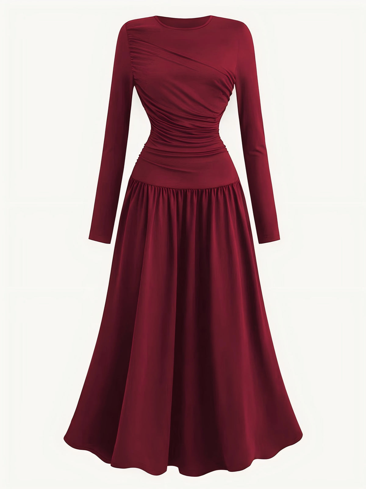 Burgundy Long-sleeved Round Neck Pleated Maxi Dress