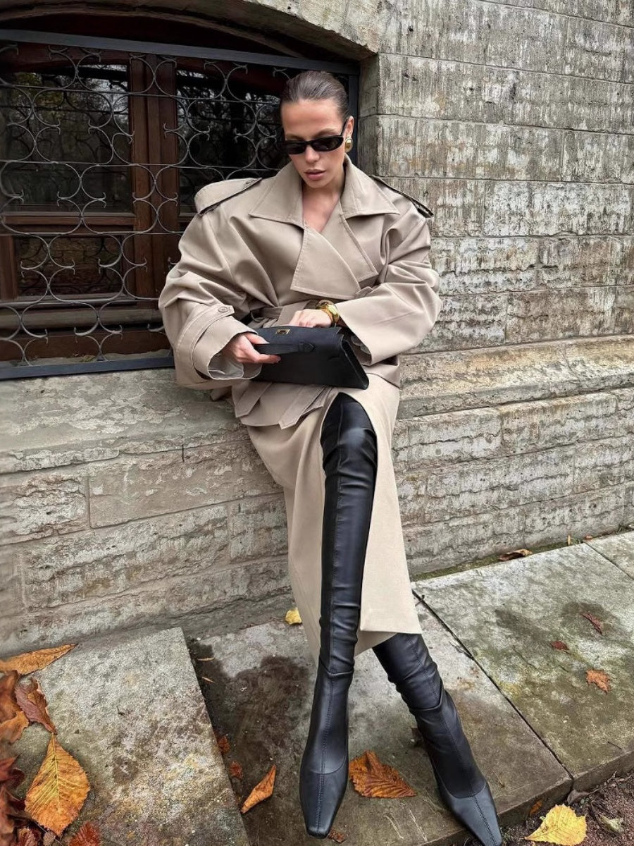 Khaki Lapel Long Sleeve Lace Up Short Trench Coats