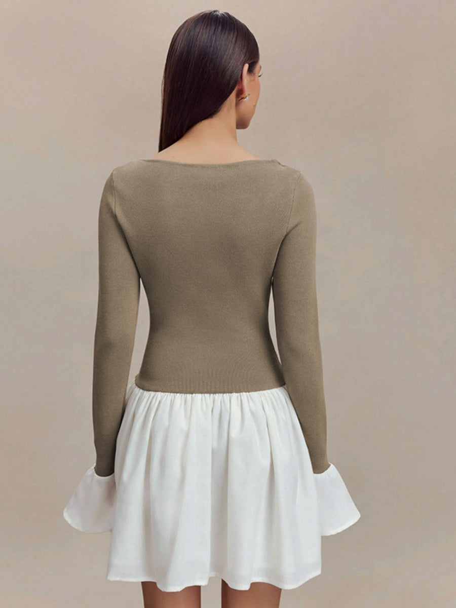 Long Sleeves Contrasting Colors Splicing Ruffled Short Dress
