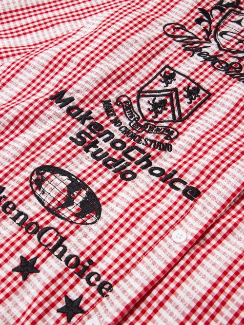 Plaid Retro Vibe Badge Embroidery Lapel Long-sleeved Shirt