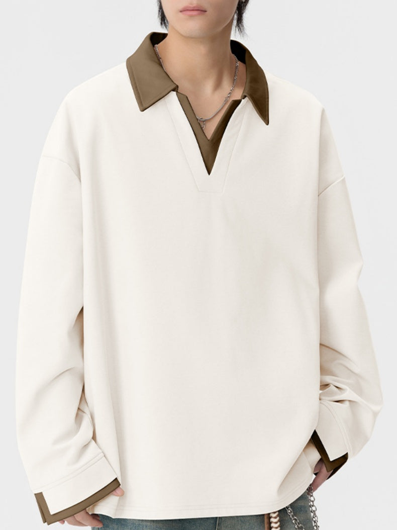V-neck Color Matching Loose Simplicity Polo