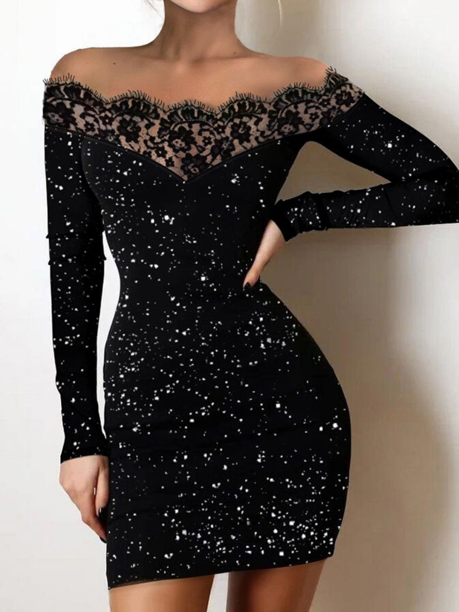Off-the-shoulder Lace Splicing Sexy Silver-stamped Off-shoulder Bodycon Black Evening Mini Dress