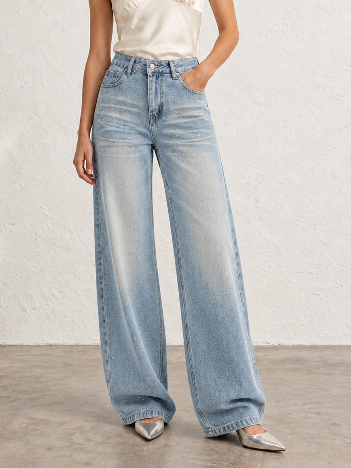 Autumn/Winter Women's Blue Retro Washed Jeans With Rhinestones