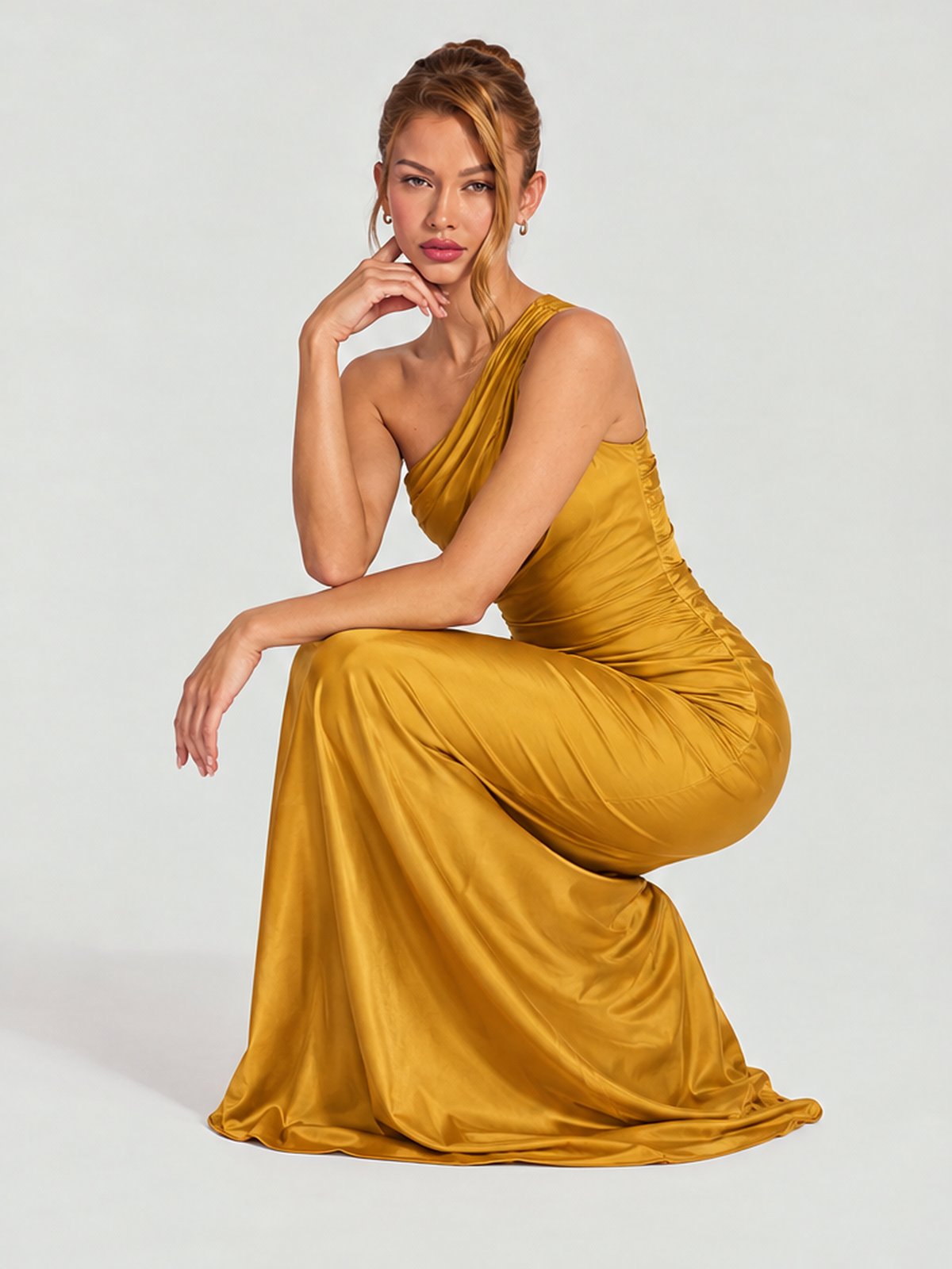 Asymmetrical Shoulder Pleated Satin Solid Color Maxi Dresses
