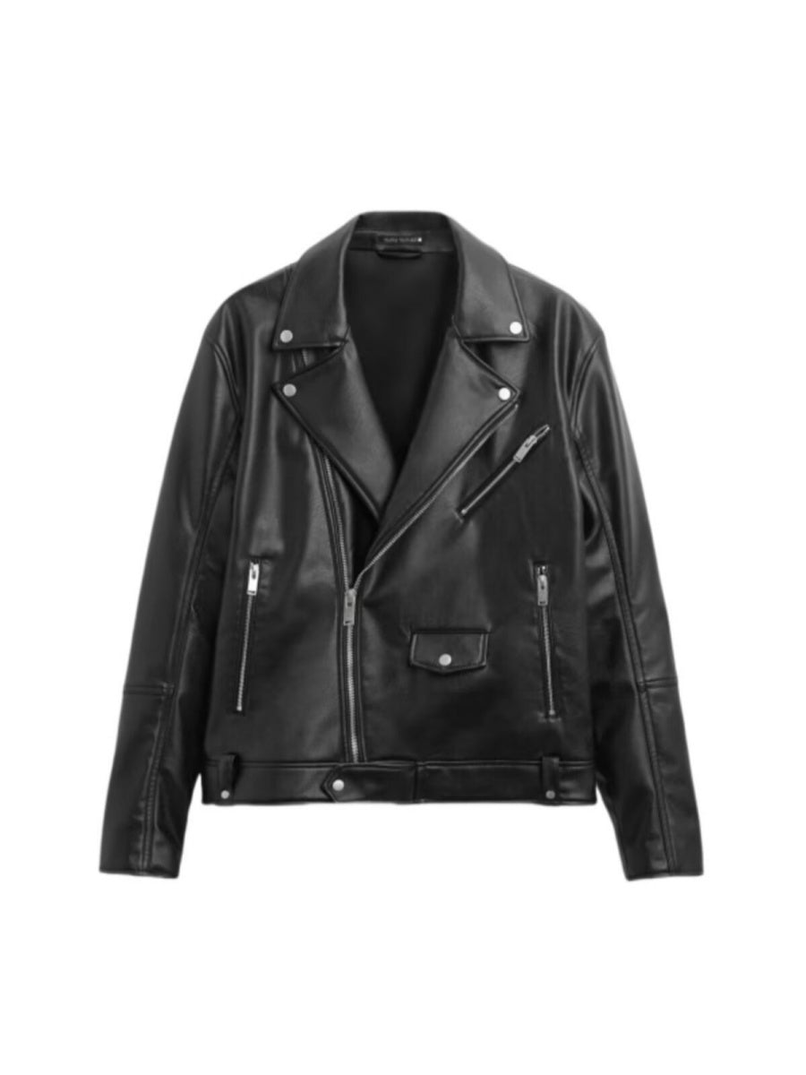 Loose-fit Cropped Locomotive PU Leather Jacket