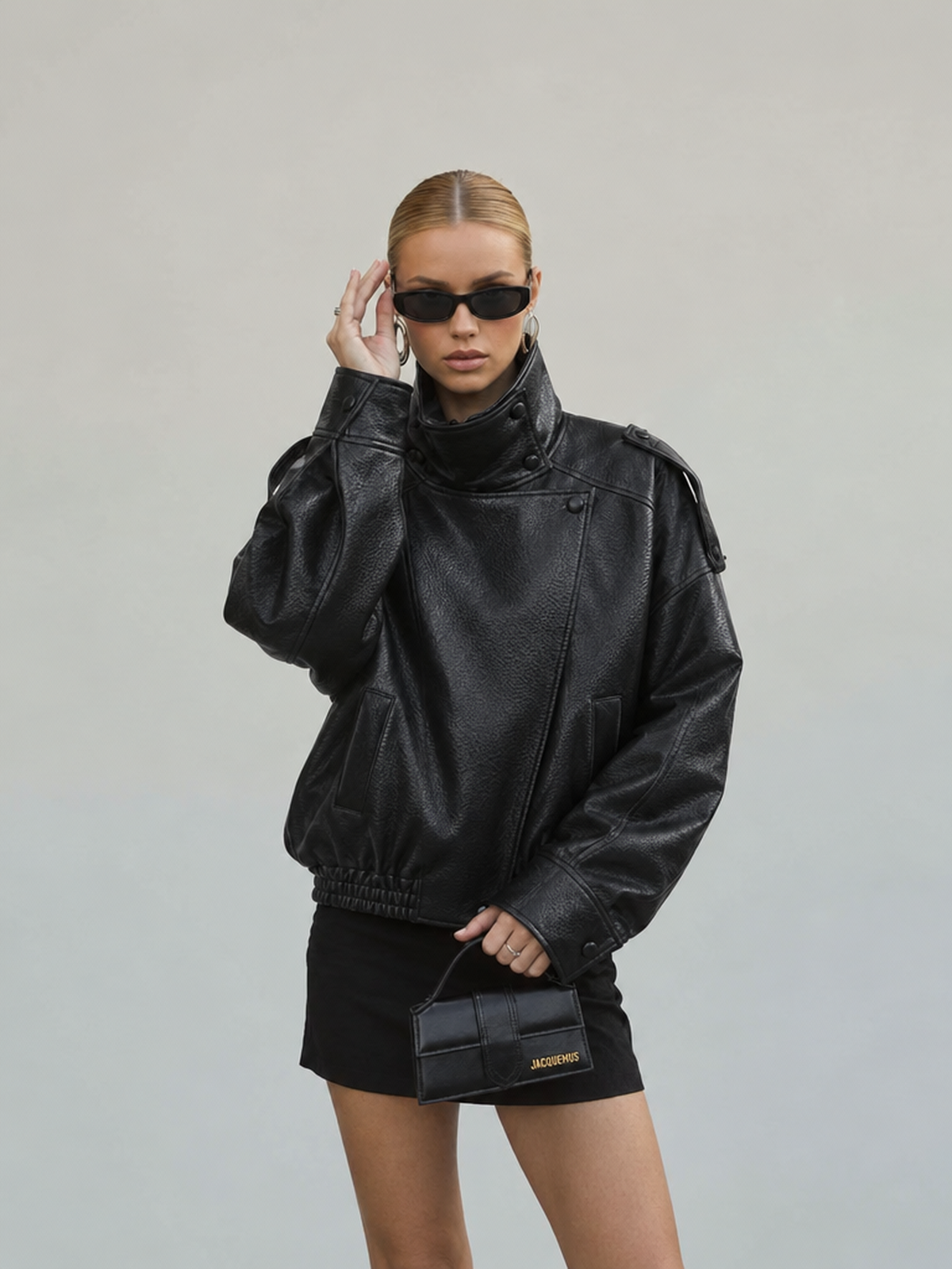 Pocket Stand-up Collar Faux Leather Jacket