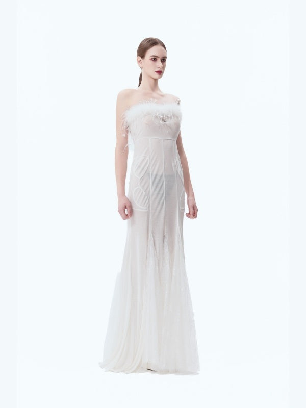 Ostrich Feather Strapless High-waisted Fishtail Bodycon Skirt