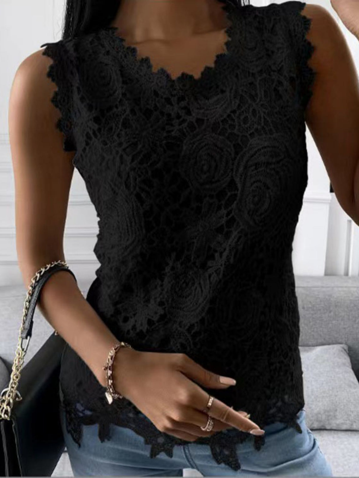 Lace Trim Crew Neck Tank Tops&Camis