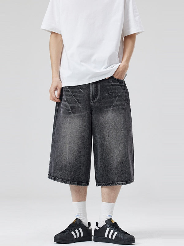 Retro Distressed Lightning Straight-fit 7 Points Denim Shorts