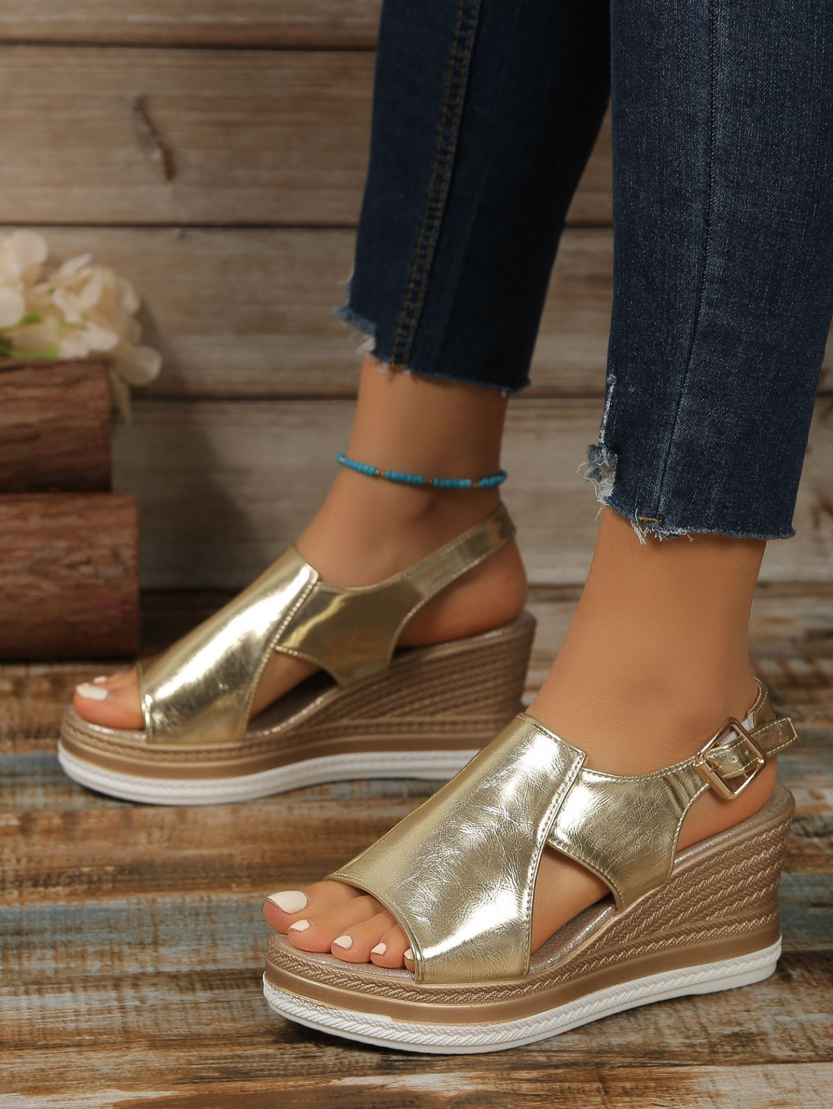 Platform Wedge Sandals, Plus Size, Openwork, Glossy Finish