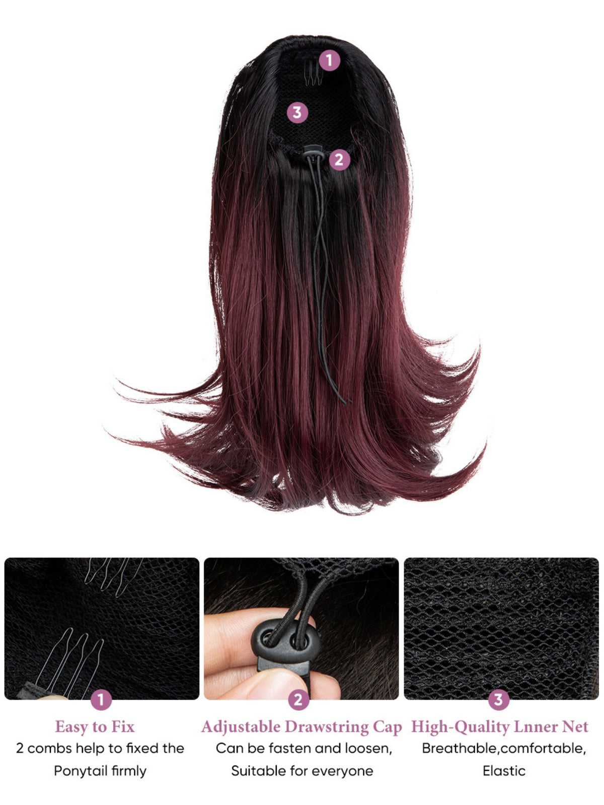 Slightly Curled Short Hair With Drawstring Ponytail, Made Of Synthetic High-temperature Silk Wig
