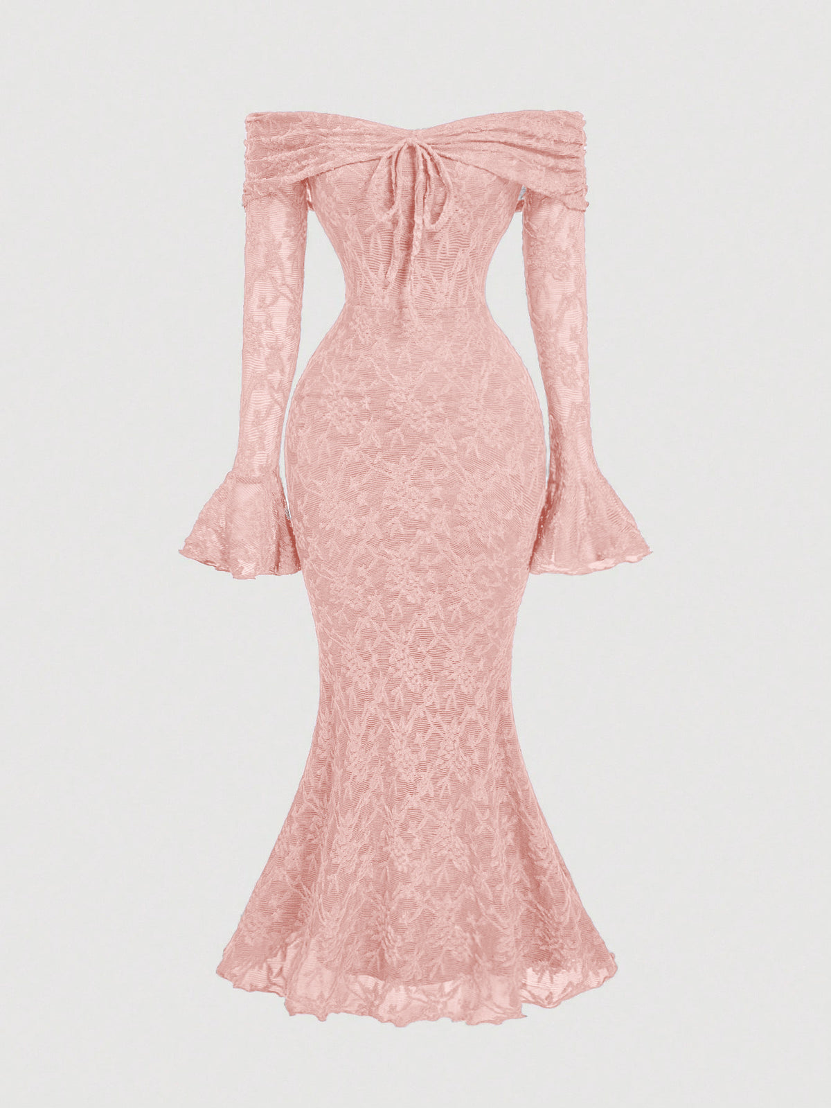 Lace Bow-embellished Off-shoulder Long-sleeved Dress