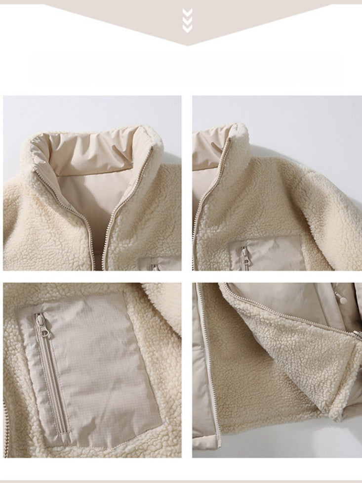 Stand Collar Color-blocked Reversible Lamb Wool Jackets
