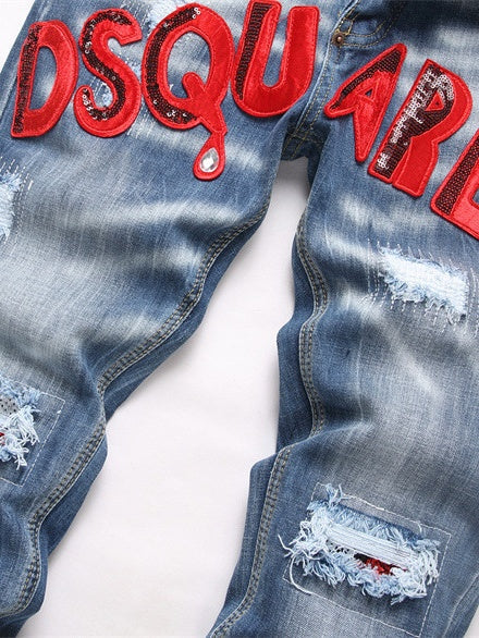 Punk Jeans Blue Hole Slim Fit With Patch Embroidery Mid-rise Jeans