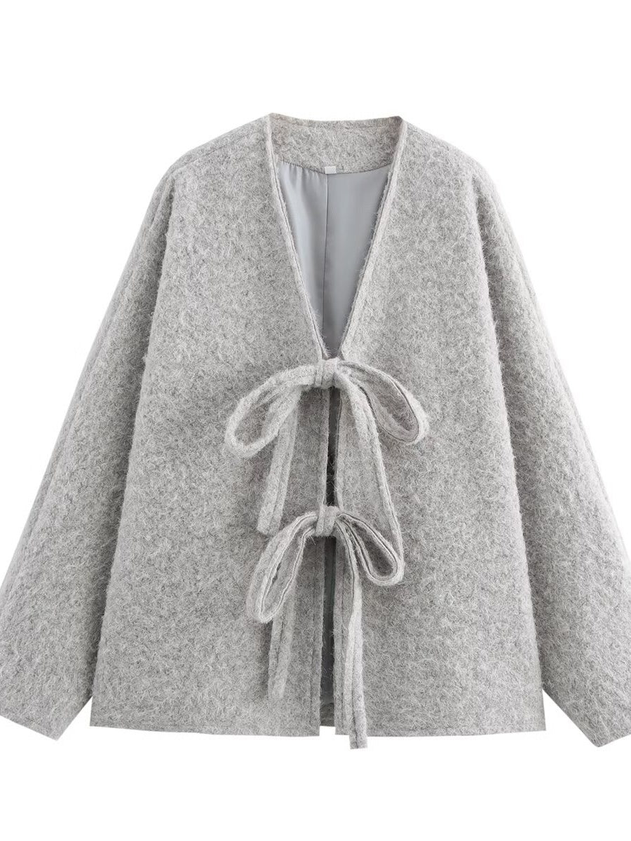 Loose V-neck tie knit cardigan