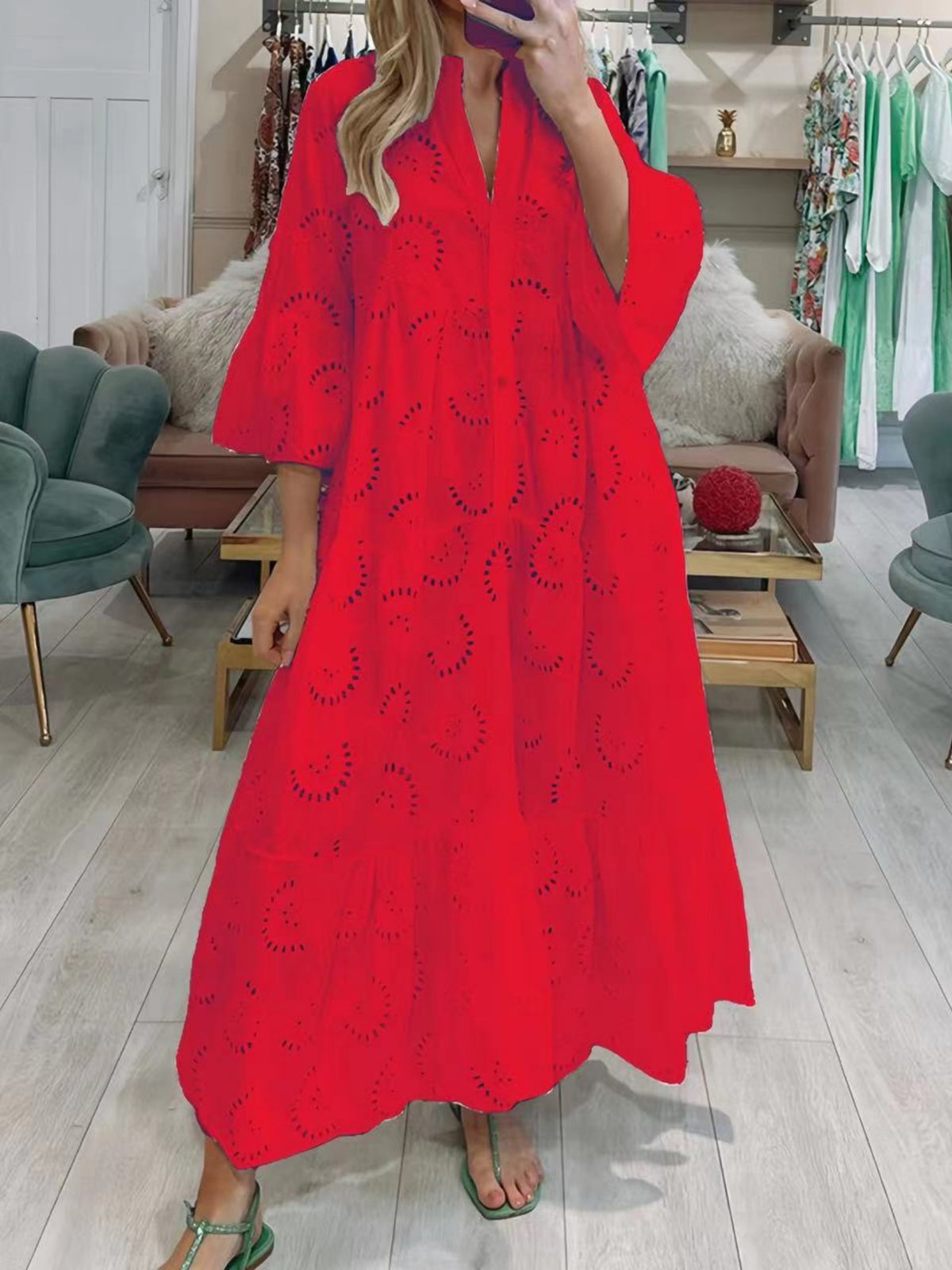 Lace Cutout V-neck Buttons Flare Sleeve Maxi Dresses
