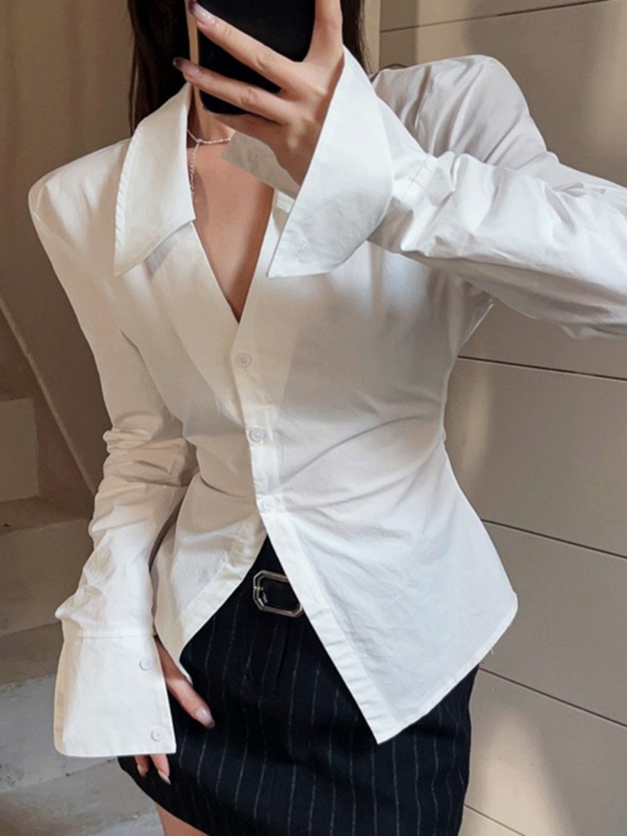 White Collared Long-sleeved Shirt For Women, Slim Fit, Waist-cinching Design, Unique And Stylish Top.
