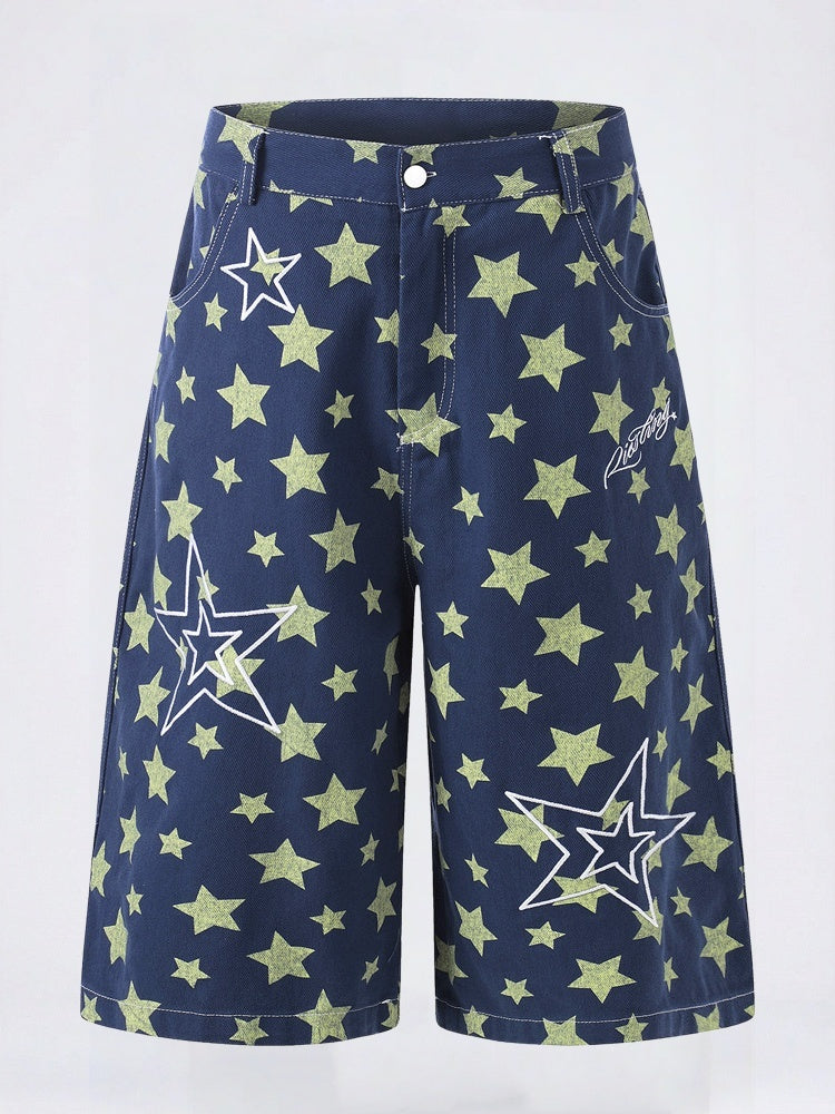 Full Print Star Loose-fit Wide Leg Work Clothes Five Points Shorts