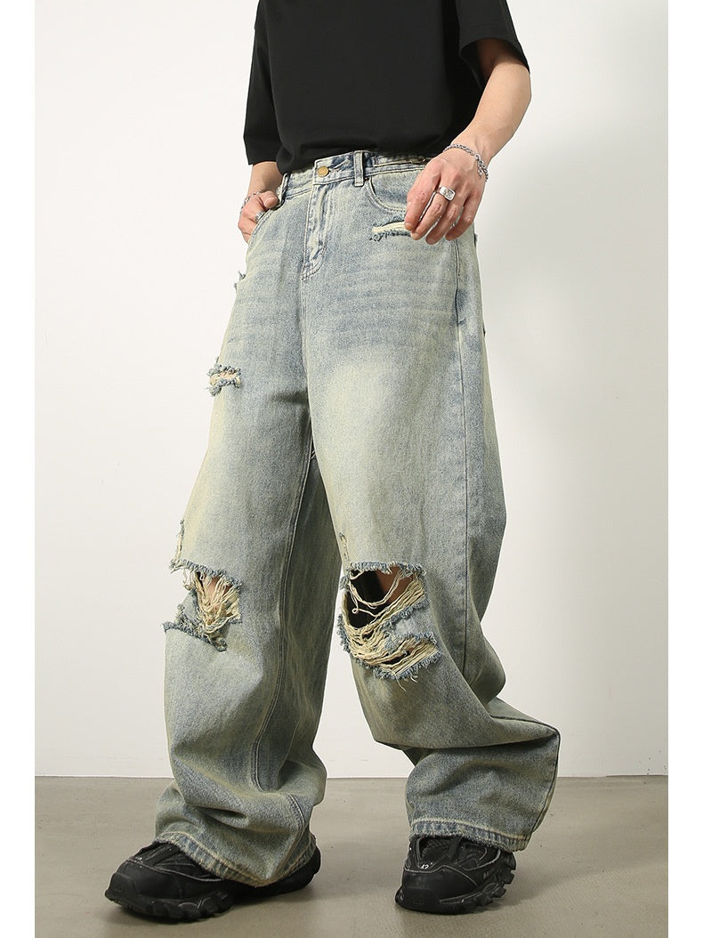 Hole Washed Distressed Loose-fit Wide-leg Jeans