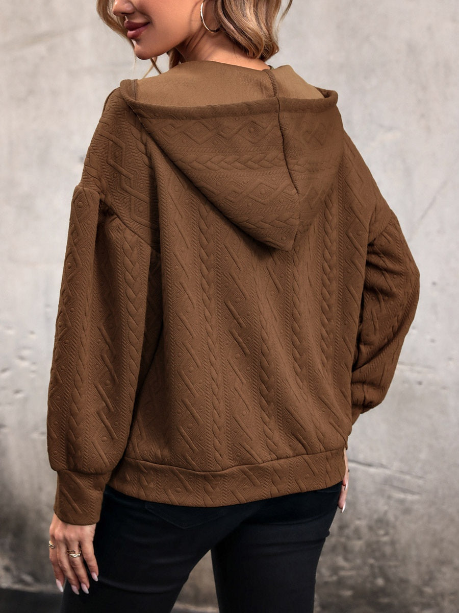 Textured Pullover Fabric Knitting Hooded V-neck Leisure Workplace Sweatshirts&Hoodies