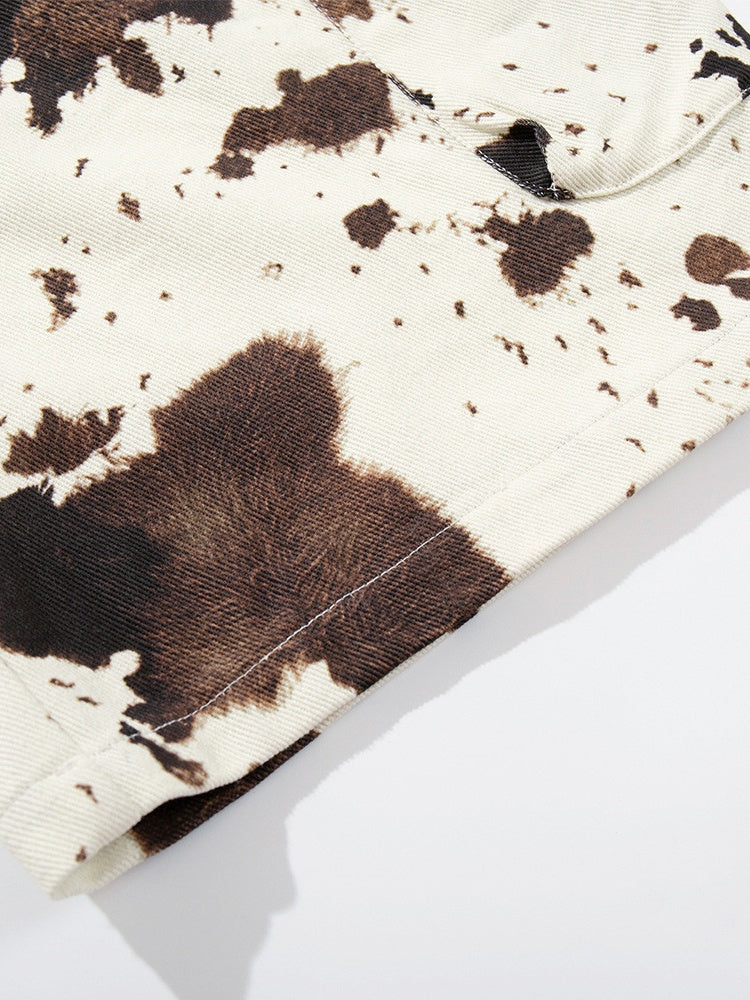 Color-blocked Cow Print Tie-dye Camouflage Denim 7 Points Shorts