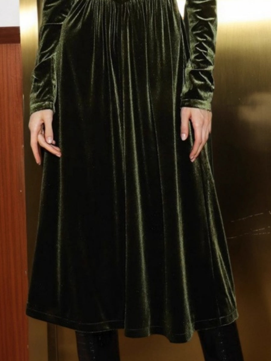 V-neck Long-sleeved Gold Velvet Button Midi Dress