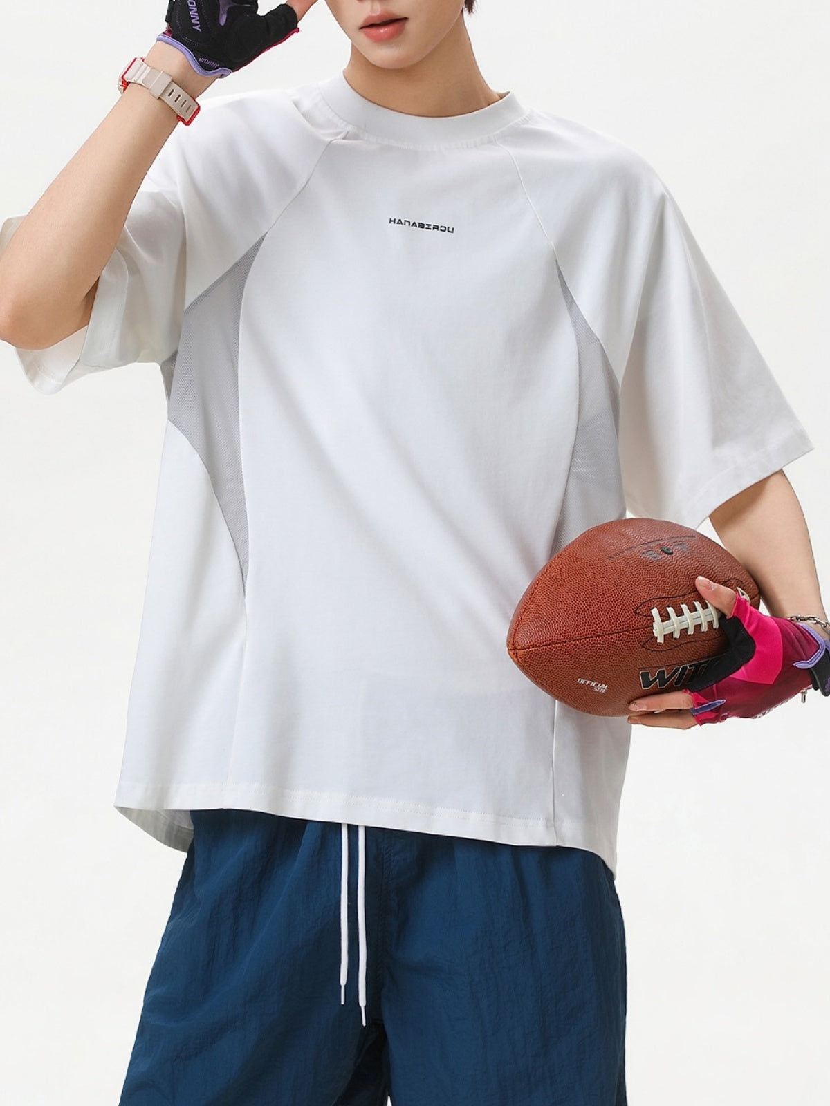 Color-blocked Mesh Patchwork Letter Print T-shirts