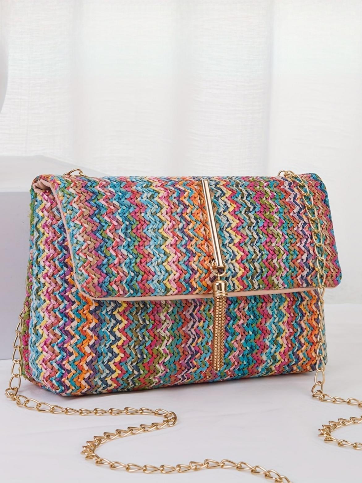 Colorful Straw Crossbody Bag For Vacation
