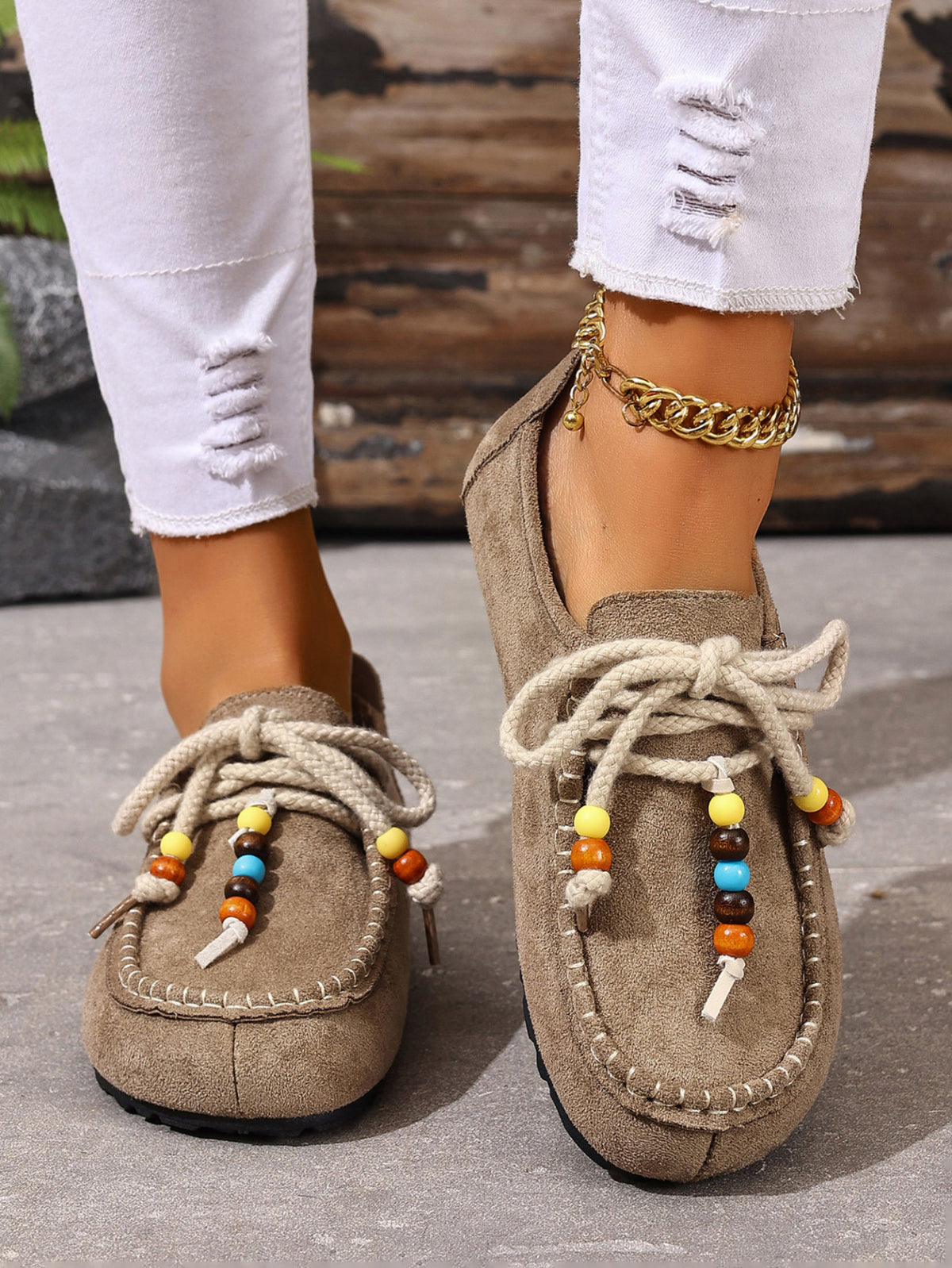 Lace-up Beaded Casual Suede Retro Round Toe Flat Shoes