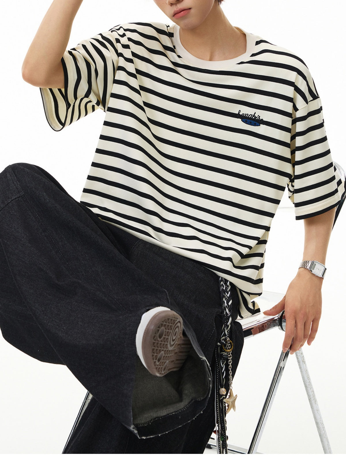 Color-blocked Stripes Letter Applique T-shirts