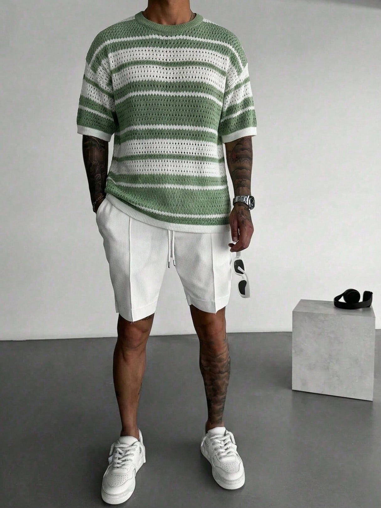 Hollow Out Color-blocked Retro Stripes Knitting T-shirts