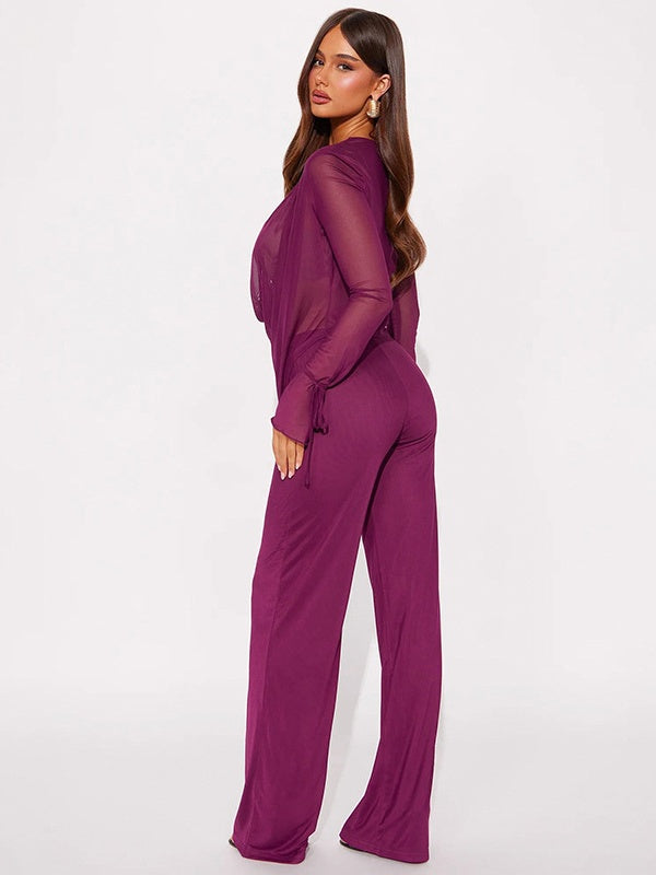 Mesh Halter Neck Tie Long-sleeved Top And Slim-fit Trousers Two-piece Set