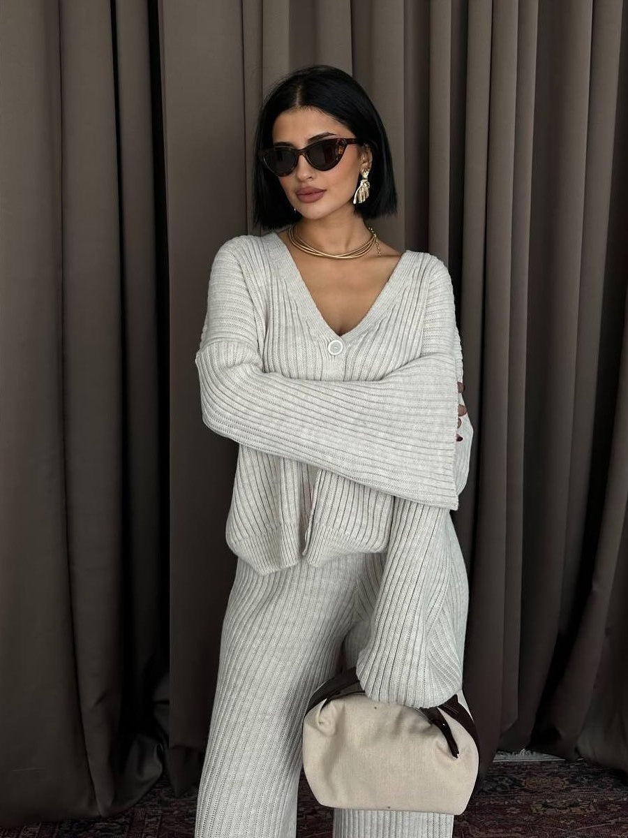 Leisure Solid Color Long Sleeve Buttons Sweaters Cardigans Pants Two-piece Suit