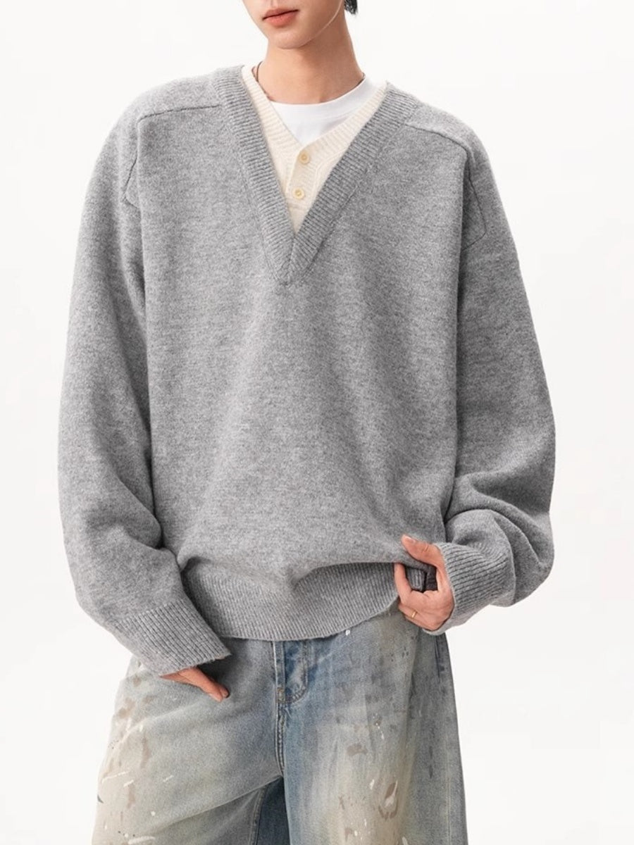 Retro Faux-Layer V-Neck Patchwork Oversized Knit Pullover