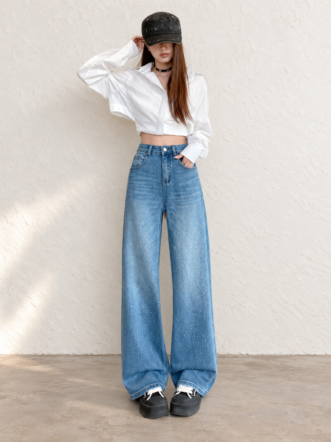 Women's Blue Straight Leg Jeans With Rhinestones For Autumn/Winter