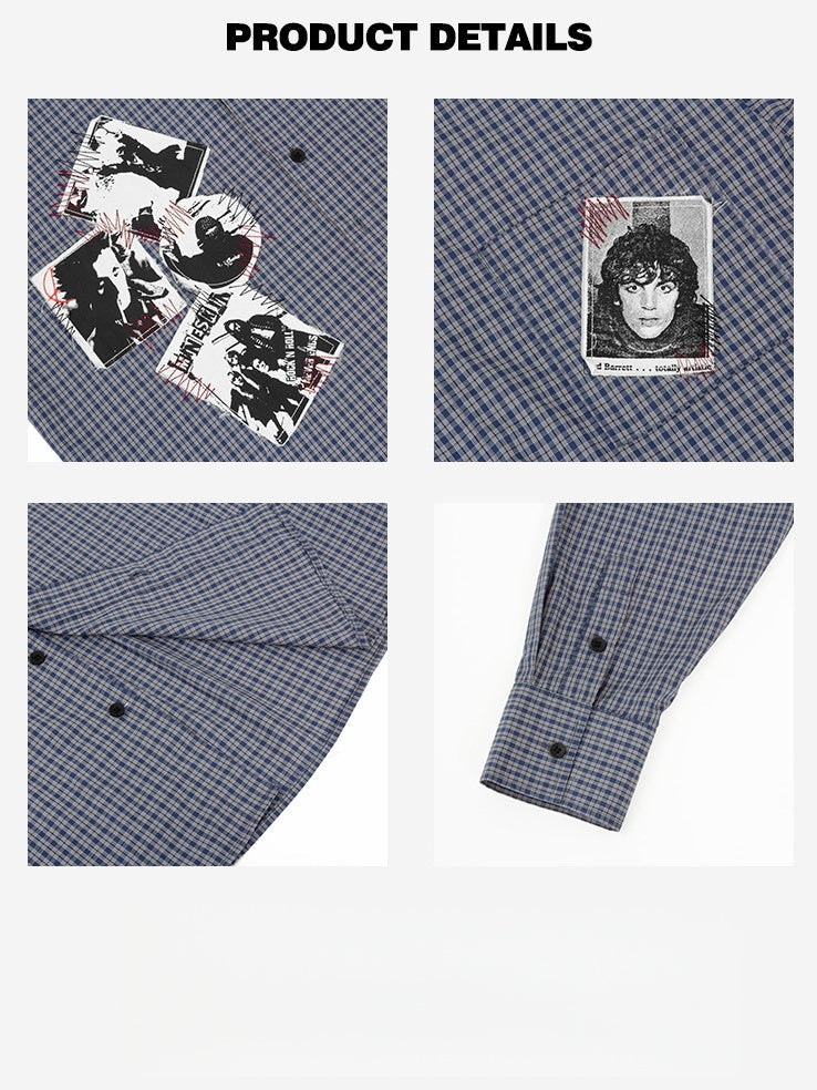 Retro Portrait Appliqué Embroidery Plaid Cleanfit Loose Shirts