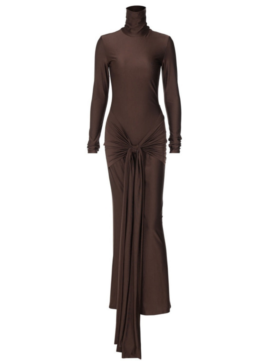 Turtleneck Long Sleeve Spliced Straps Slim Fit Maxi Dresses