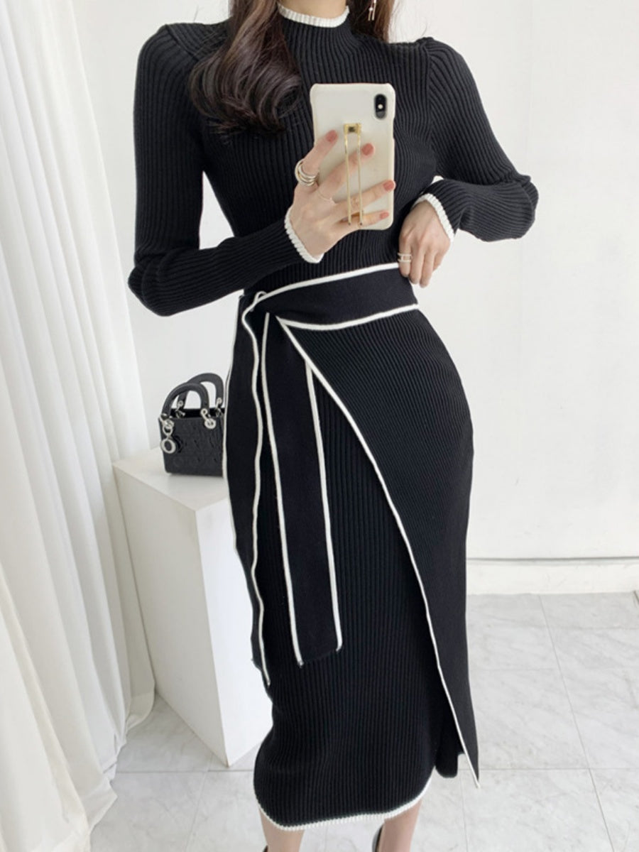Autumn/Winter Retro Niche High-Neck Slim Fit Elegant Color Block Mid-Length Tie-Waist Knit Dress