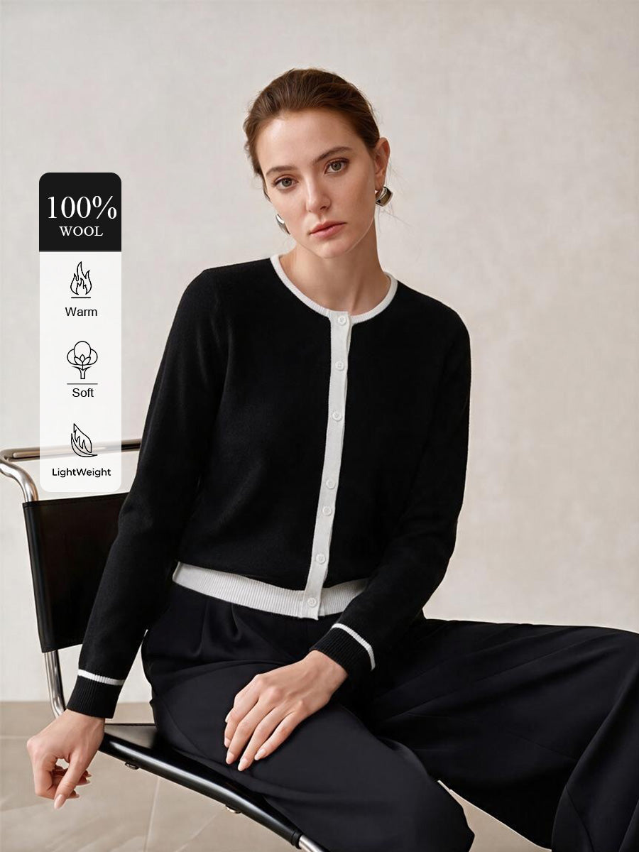 100% Wool Color Block Crew Neck Knit Cardigan