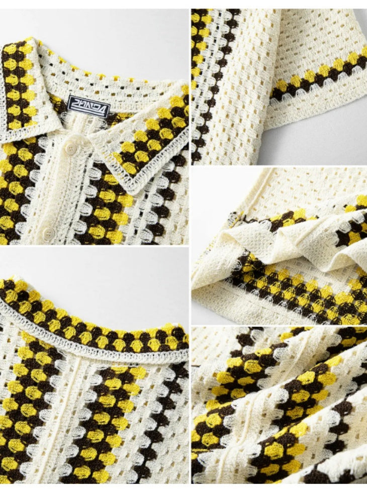 Ethnic Style Crochet Hollow Knitting Holiday Style POLO Shirt