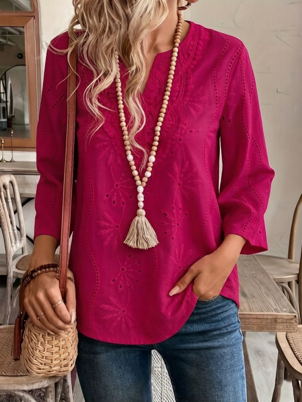 Lace Cutout Chiffon Embroidery V-neck Flare Sleeve Long-sleeved T-shirt