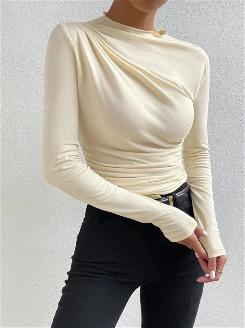 Solid Color Slim Fit Base Layer Versatile Pleated Long-sleeved T-shirt