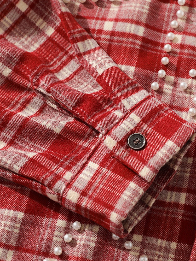 Loose Plaid Cross Beading Long-sleeved Shirt