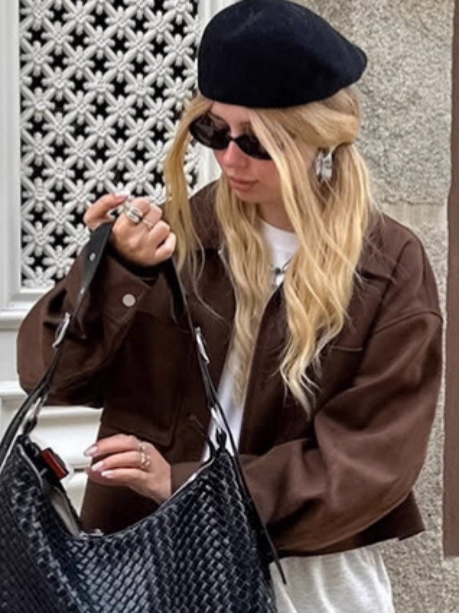 Basic Suede Pocket Trim Dark Brown Jacket